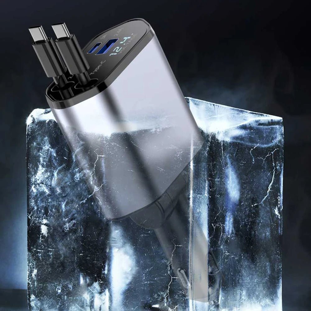Portable 4 - in - 1 Car Charger – LED Display, Retractable Type - C Cables for iPhone 16 - EGBull
