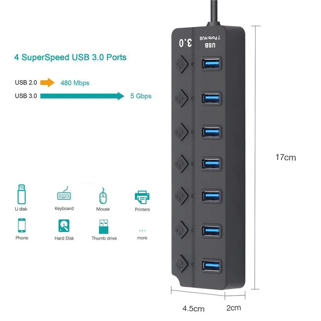 Portable 7 - Port USB - 3.0 Hub with LED Switch – 5 Gbps High - Speed - EGBull