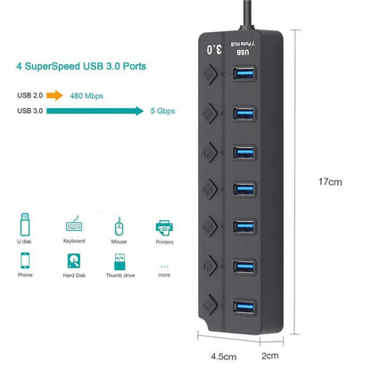 Portable 7 - Port USB - 3.0 Hub with LED Switch – 5 Gbps High - Speed - EGBull
