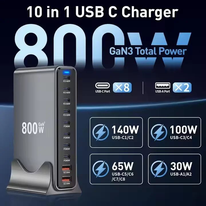 USB - C 800W 10 - Port GaN PD Charging Station | Desktop & Laptop Fast Charger EU Plug - EGBull