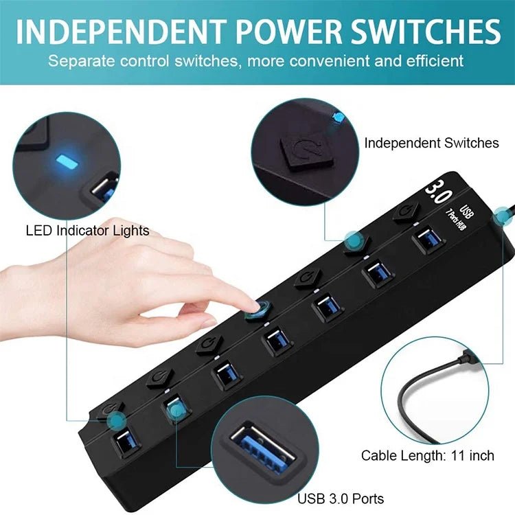 Portable 7 - Port USB - 3.0 Hub with LED Switch – 5 Gbps High - Speed - EGBull