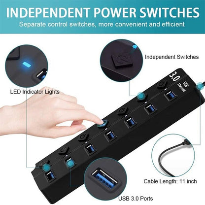 Portable 7 - Port USB - 3.0 Hub with LED Switch – 5 Gbps High - Speed - EGBull