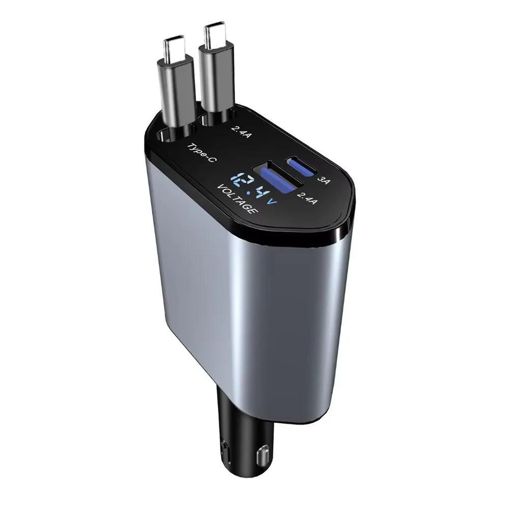 Portable 4 - in - 1 Car Charger – LED Display, Retractable Type - C Cables for iPhone 16 - EGBull