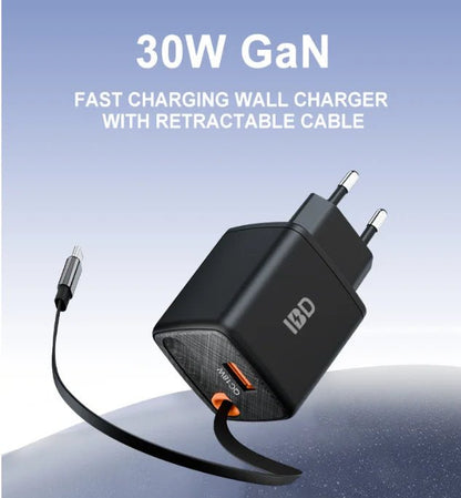 30W PD GaN Fast Charger – Retractable USB - C Travel Wall Adapter - EGBull