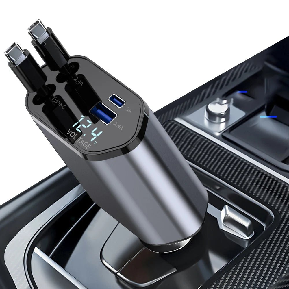 Portable 4 - in - 1 Car Charger – LED Display, Retractable Type - C Cables for iPhone 16 - EGBull