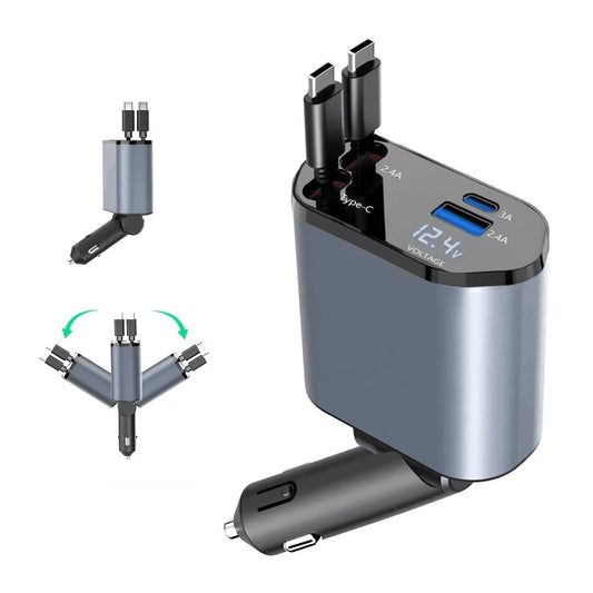 Portable 4 - in - 1 Car Charger – LED Display, Retractable Type - C Cables for iPhone 16 - EGBull