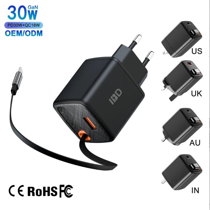 30W PD GaN Fast Charger – Retractable USB - C Travel Wall Adapter - EGBull