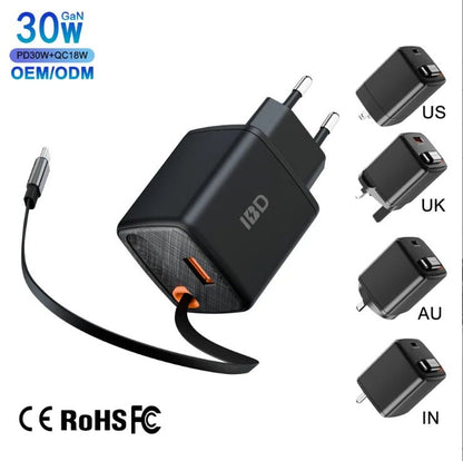 30W PD GaN Fast Charger – Retractable USB - C Travel Wall Adapter - EGBull