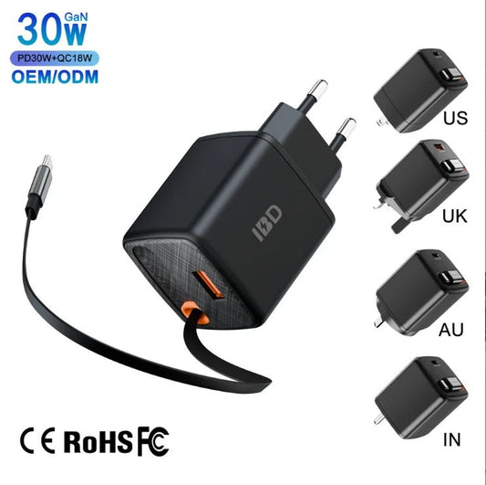 30W PD GaN Fast Charger – Retractable USB - C Travel Wall Adapter - EGBull