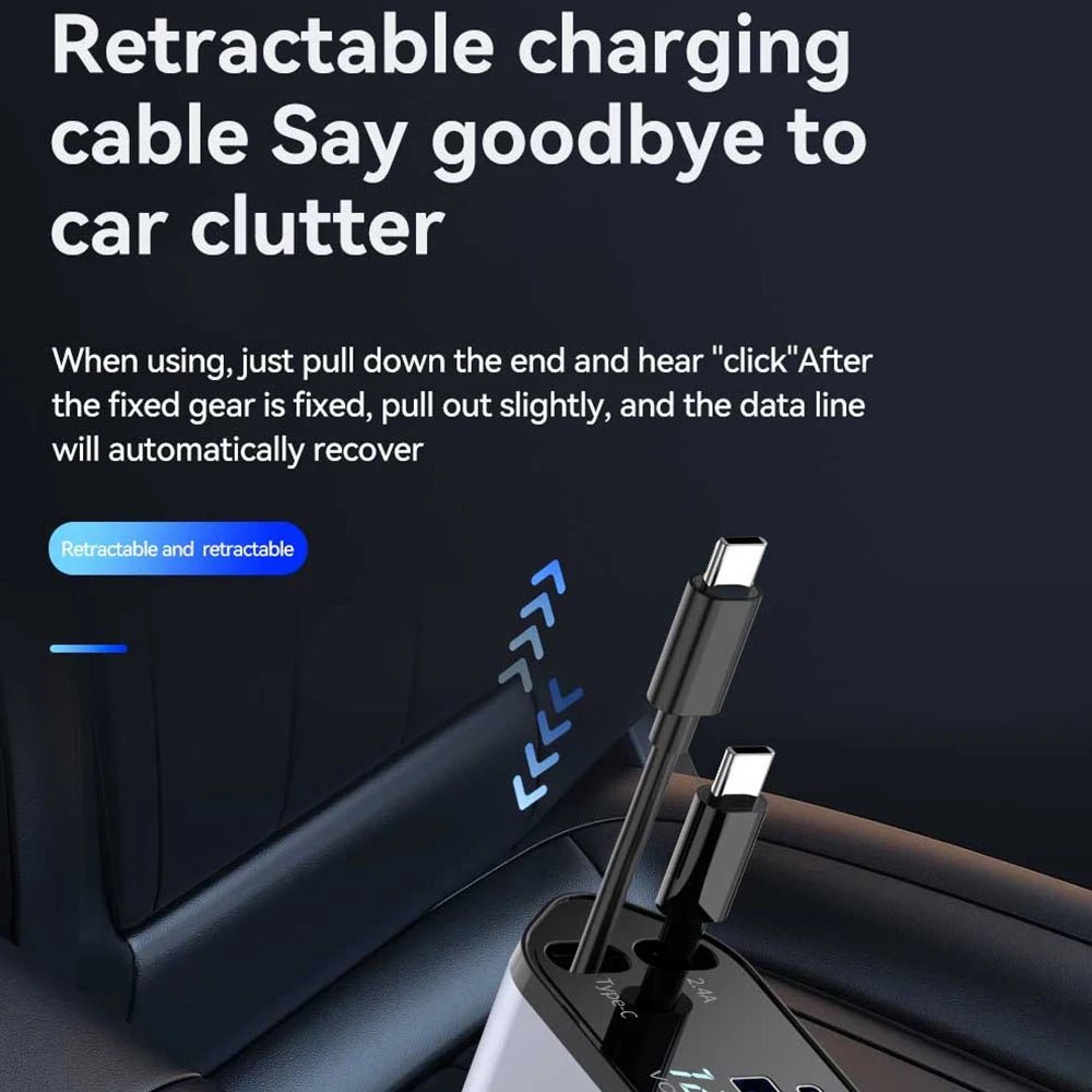 Portable 4 - in - 1 Car Charger – LED Display, Retractable Type - C Cables for iPhone 16 - EGBull