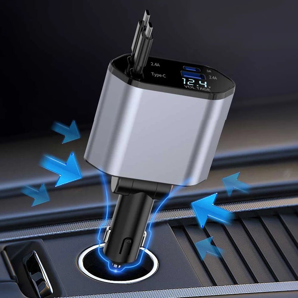 Portable 4 - in - 1 Car Charger – LED Display, Retractable Type - C Cables for iPhone 16 - EGBull