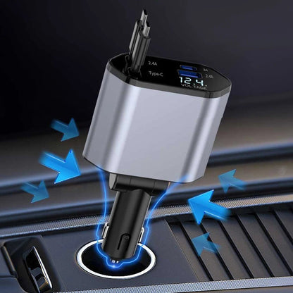 Portable 4 - in - 1 Car Charger – LED Display, Retractable Type - C Cables for iPhone 16 - EGBull