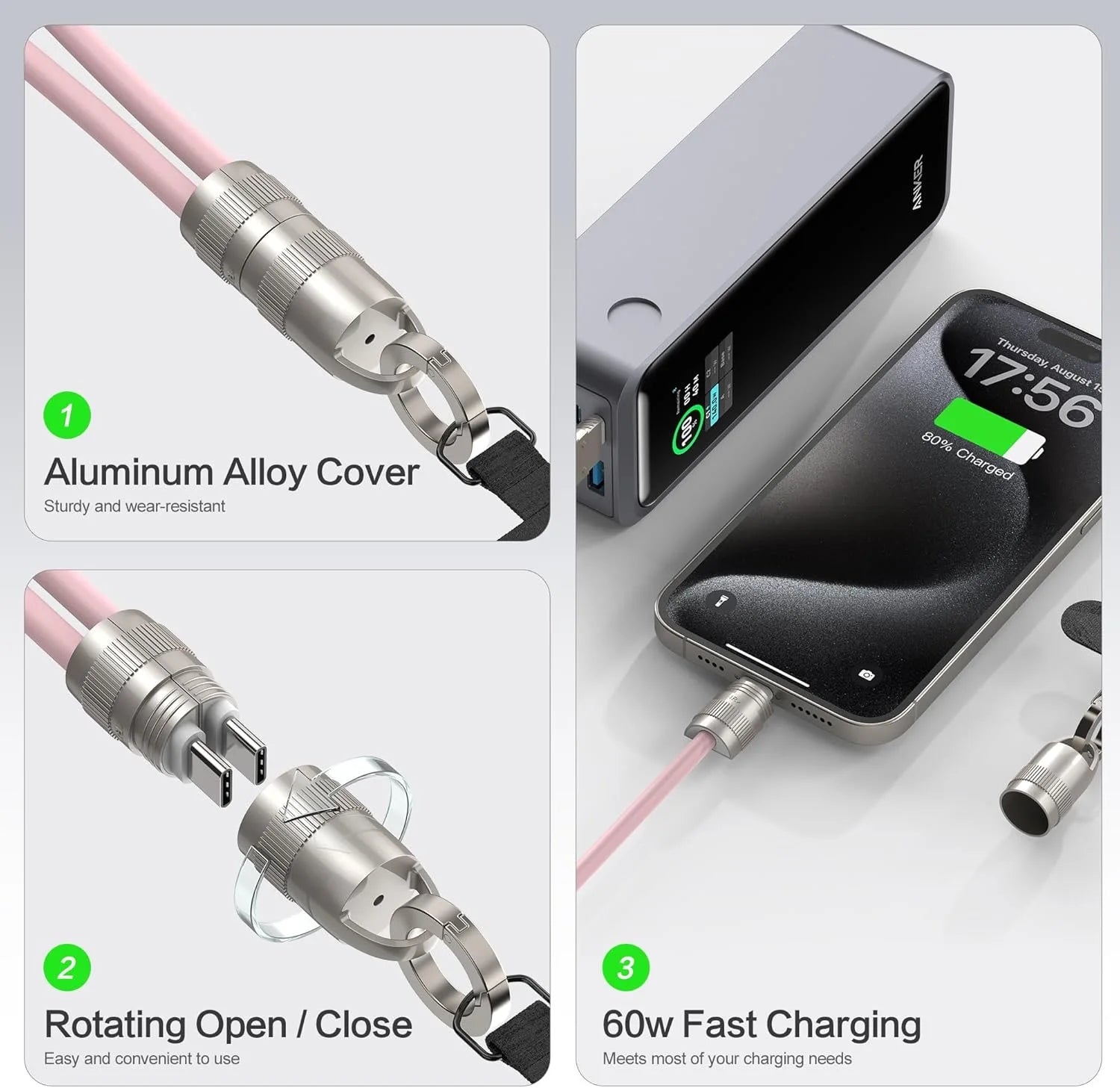 PD 60W Fast - Charging USB - C Cable with Anti - Theft Silicone Lanyard | Data Sync & Security - EGBull