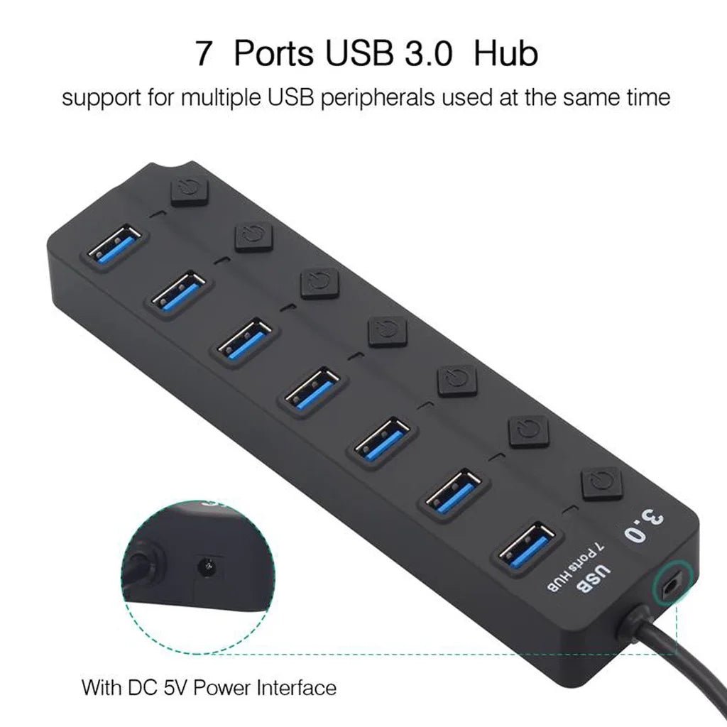Portable 7 - Port USB - 3.0 Hub with LED Switch – 5 Gbps High - Speed - EGBull
