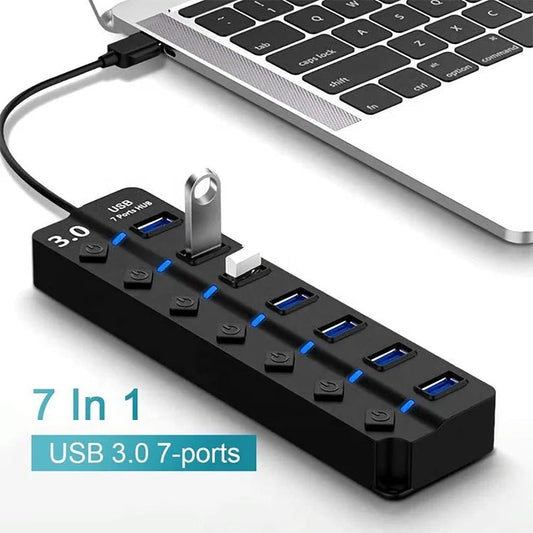Portable 7 - Port USB - 3.0 Hub with LED Switch – 5 Gbps High - Speed - EGBull